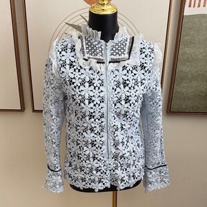 White Lace Floral Zip Blouse with Ruffle Details